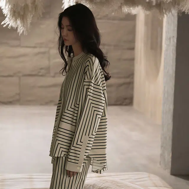同语 睡衣家居服休闲套装 侘寂  女 春秋季 纯棉条纹韩版  长袖薄款 可外穿 家居套装