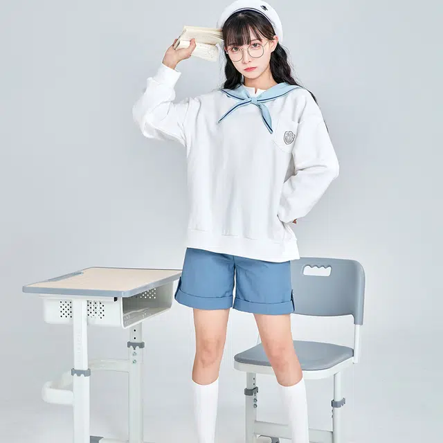 御茶家 纯色水手领套头连帽卫衣 女款 白色