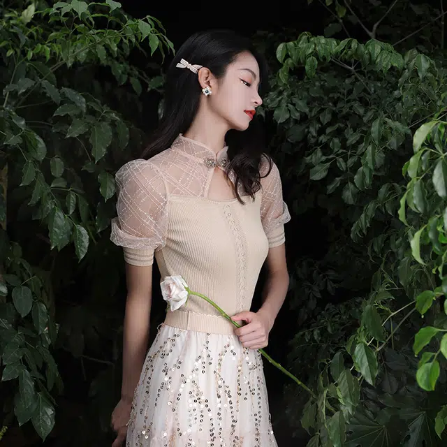 槿爷东方 织网状闪片半身纱裙 杏色