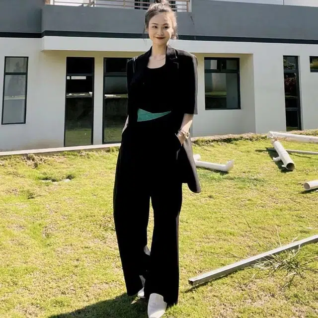 美洋 绿折腰撞色高腰阔腿长裤 女款 简黑