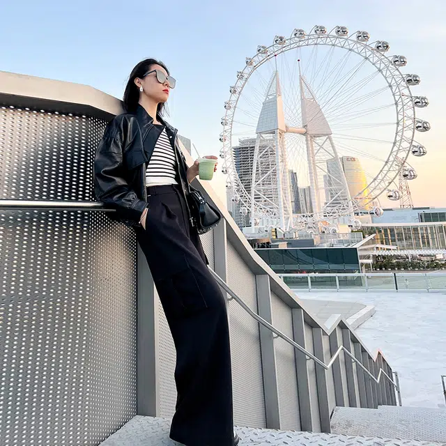 美洋 纯色高腰阔腿工装长裤 女款 黑色