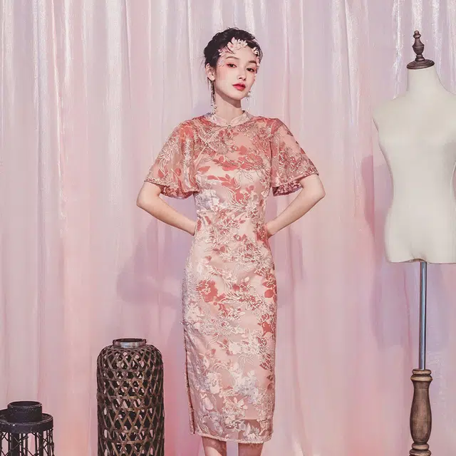 槿爷东方 粉海棠法式丝绒旗袍 女款 粉色