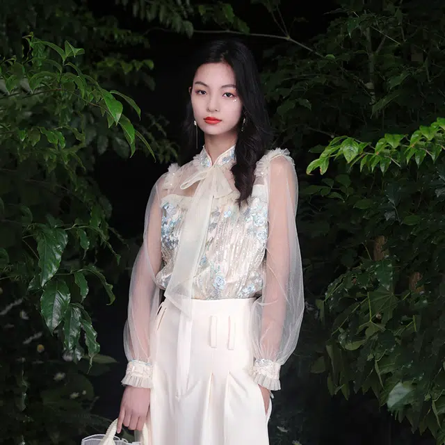 槿爷东方 金曲花蝴蝶结刺绣网纱长袖衬衫 女款 蓝绿色