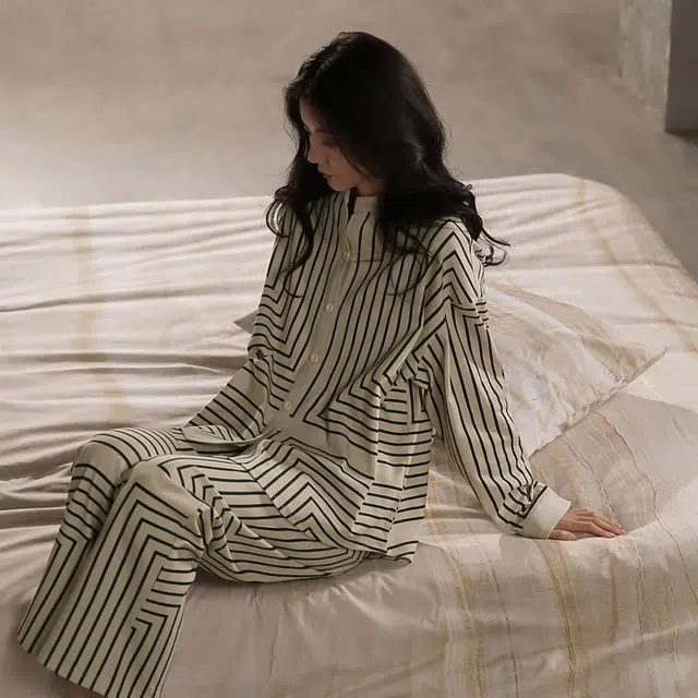 同语 睡衣家居服休闲套装 侘寂  女 春秋季 纯棉条纹韩版  长袖薄款 可外穿 家居套装