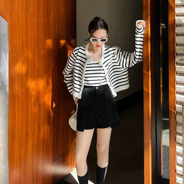 美洋 条纹单排扣针织衫 女款 白色