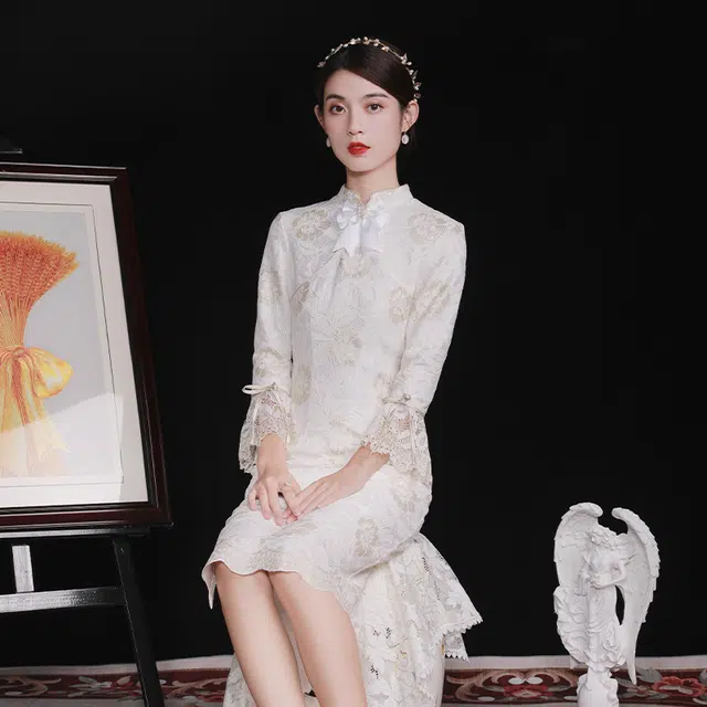 槿爷东方 金玉芙蓉 蕾丝长袖旗袍 女款 白色