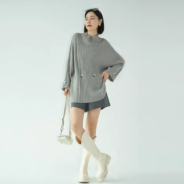 美洋 纯色半高领套头长袖针织衫 女款 浅灰