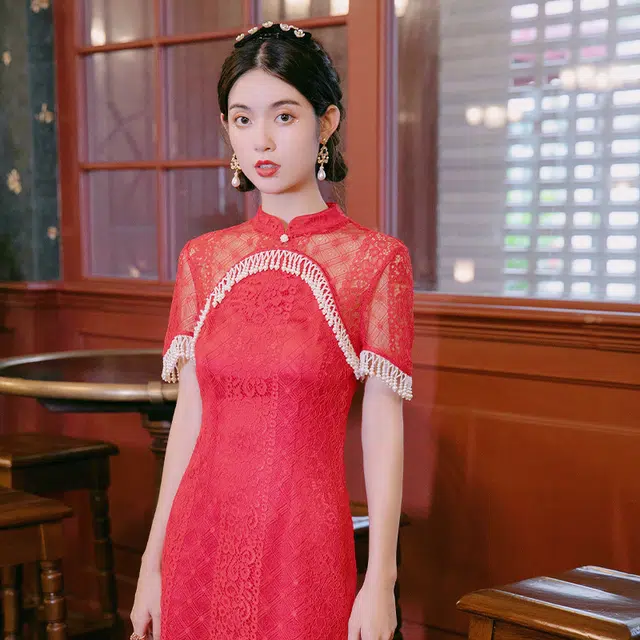 槿爷东方 卷珠帘条纹蕾丝旗袍 女款 红色