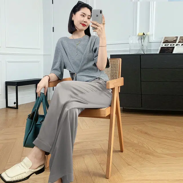 美洋 纯色纽扣高腰阔腿休闲裤 女款