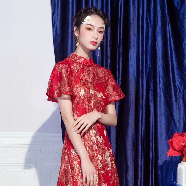槿爷东方 金丝枫叶喇叭袖蕾丝旗袍 女款 红色