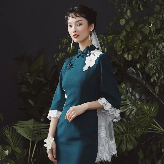 槿爷东方 大花刺绣蕾丝喇叭袖旗袍 女款 墨绿色
