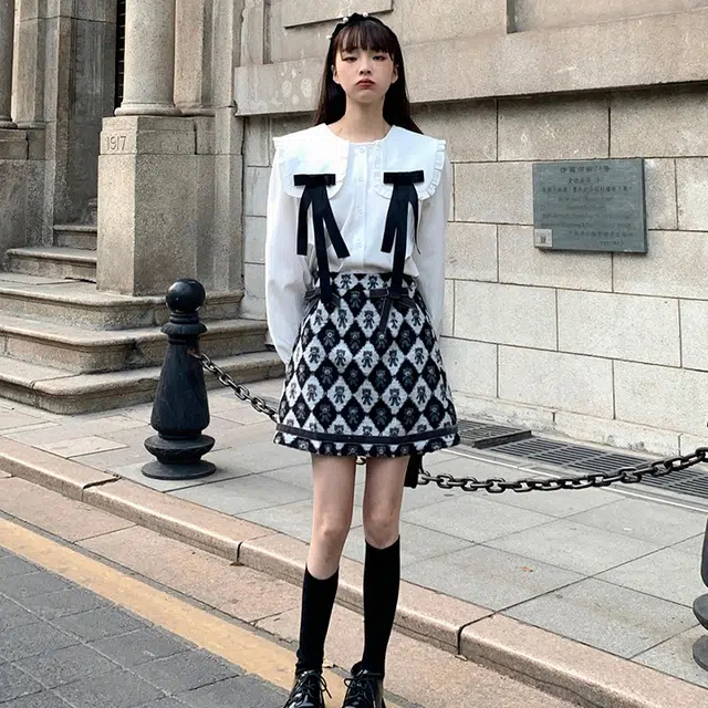 松本丧丧 纯色蝴蝶结娃娃领长袖衬衫 女款 白色