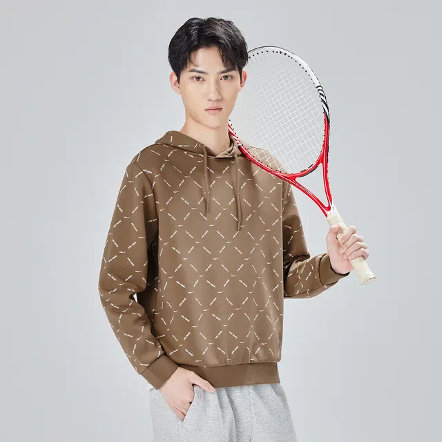 鸿星尔克 几何图案满印套头带帽长袖连帽宽松常规卫衣 春秋冬 男款 奶咖棕