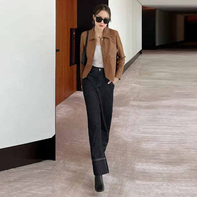 美洋 高腰明线微喇阔腿纯色牛仔裤 女款 深蓝色