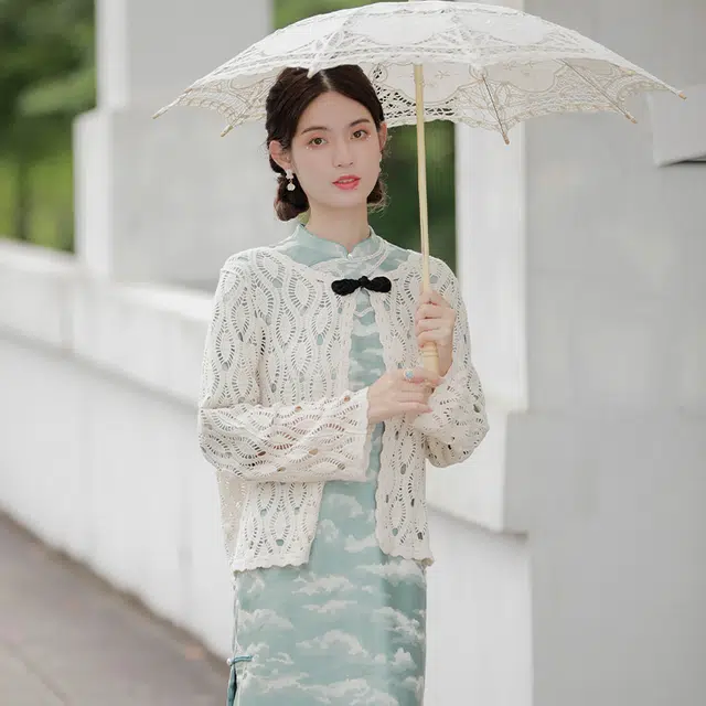 槿爷东方 云清灰姑娘 如意纹长袖旗袍 女款 青绿色
