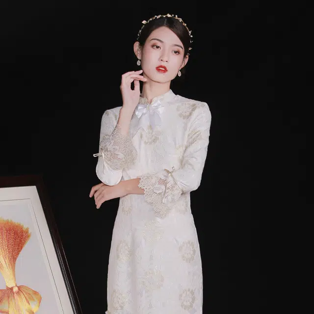 槿爷东方 金玉芙蓉 蕾丝长袖旗袍 女款 白色