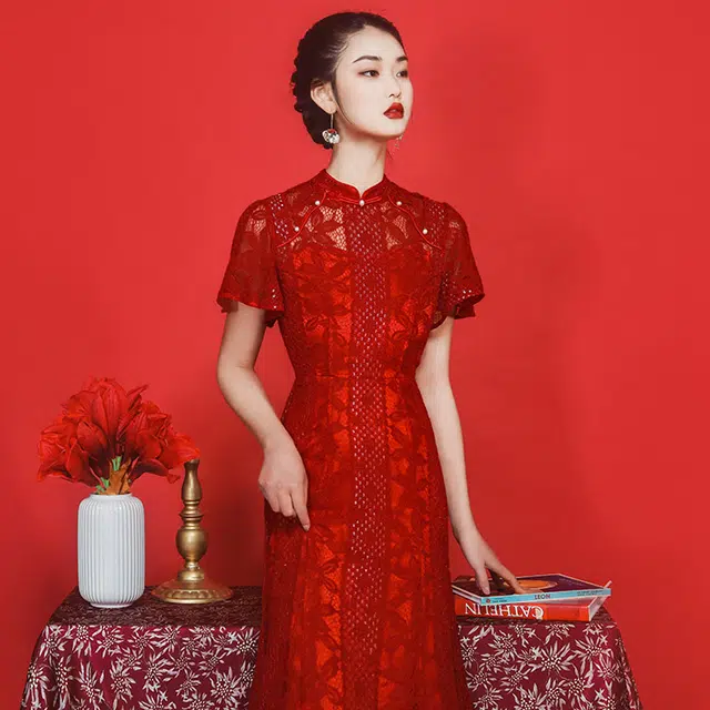 槿爷东方 蕾丝短袖鱼尾旗袍连衣裙 中国红