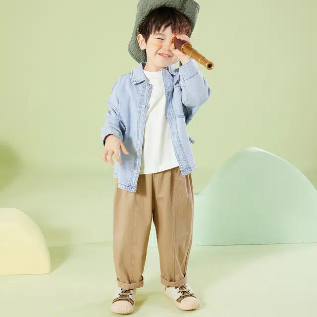 嘟嘟家 童装 纯色柔软卷边松紧腰休闲裤 男童女童 卡其色