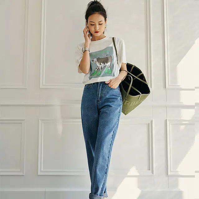 美洋 纯色高腰系扣牛仔裤 女款 浅蓝色