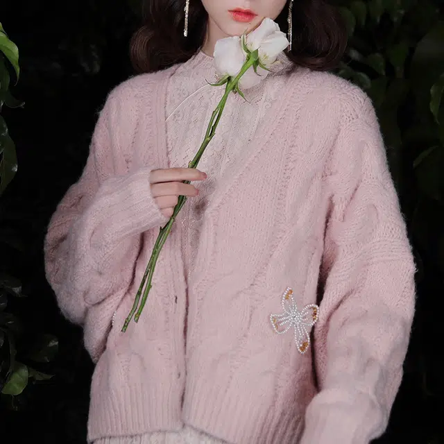 槿爷东方 粉玉蝶针织开衫外套宽松毛衣 女款 藕粉色
