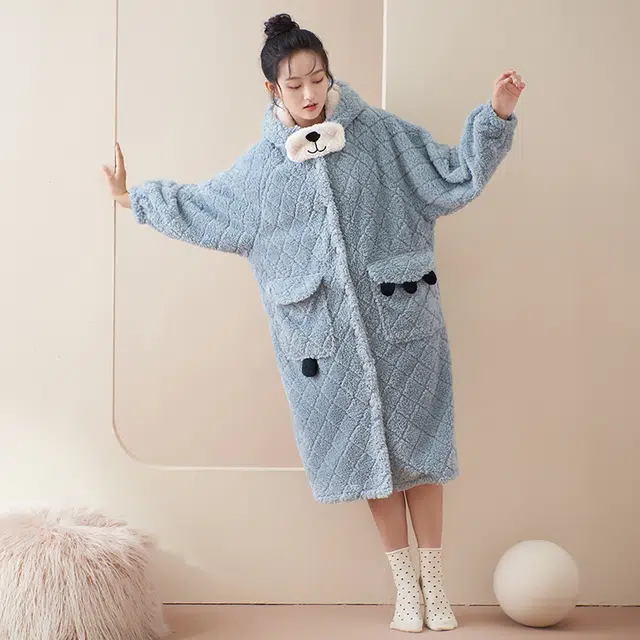 小情歌 纯色可爱卡通连帽珊瑚绒睡袍 家居服套装 女款