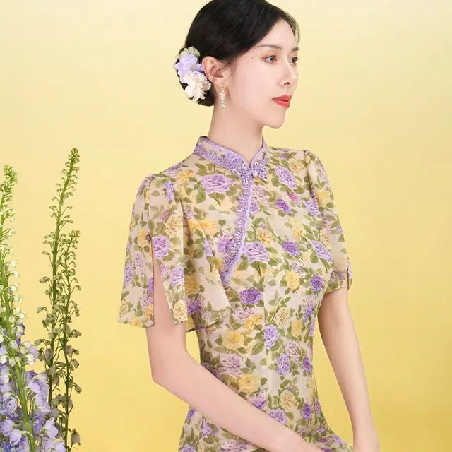 四美子 短袖鱼尾连衣裙吊带连衣裙裙装套装 女款 花折柔