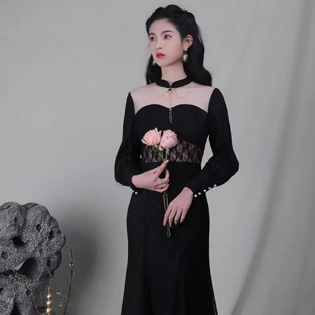 槿爷东方 拼接蕾丝鱼尾连衣裙 玄黑色