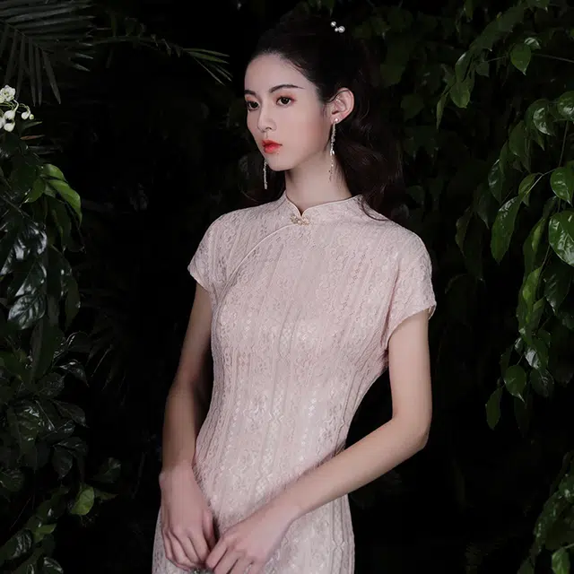 槿爷东方 复古蕾丝连肩旗袍 粉色