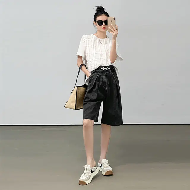 美洋 水洗做旧高腰阔腿牛仔裤 女款