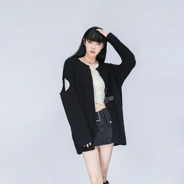 松本丧丧 纯色修身镂空落肩宽松针织衫 女款 黑色