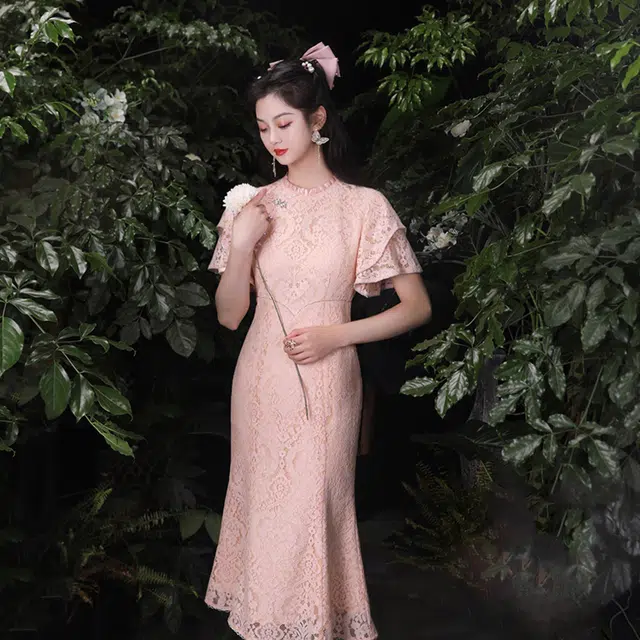槿爷东方 锦语蕾丝修身鱼尾短袖仙女鱼尾裙连衣裙 珊瑚粉