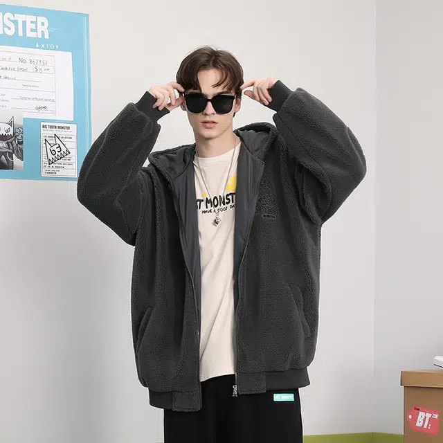 bt Simple Monster Letter Embroidered Fleece Hoodie Jacket