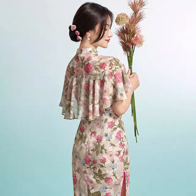 四美子 立领低开衩印花拉链短袖连衣裙 粉花鸢