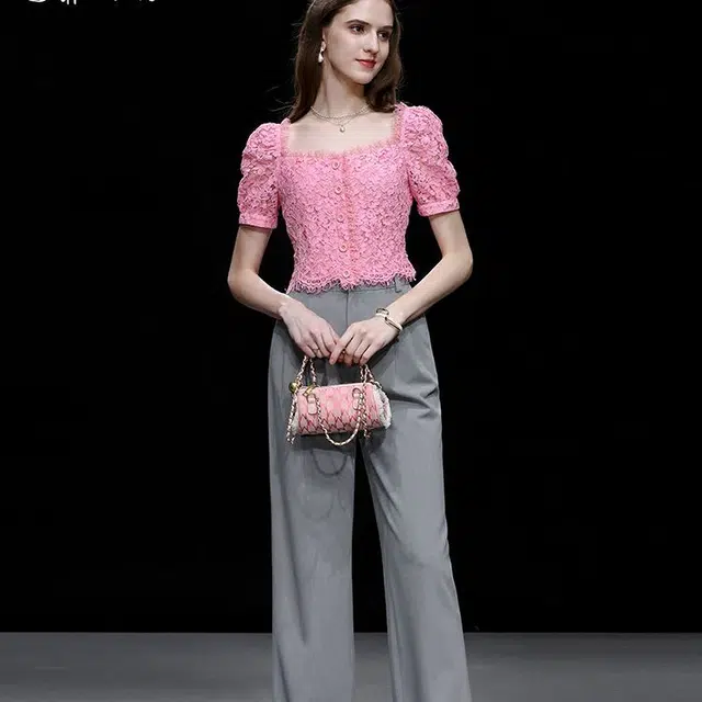 达菲时尚 纯色方领套头修身短袖衬衫 女款 玫粉色