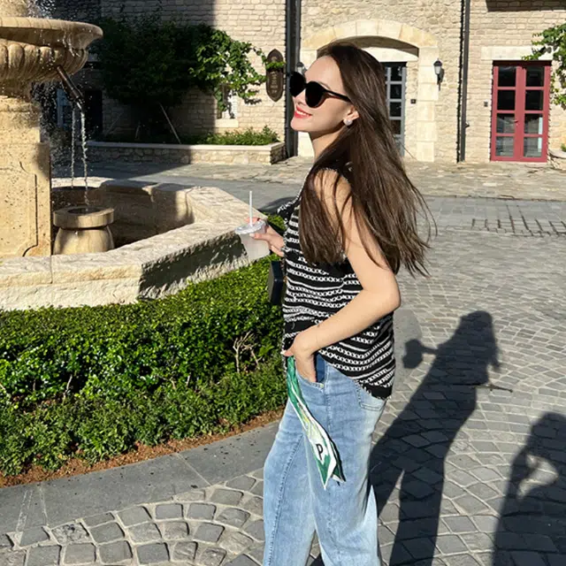 美洋 拼色圆领无袖针织衫 女款 黑色