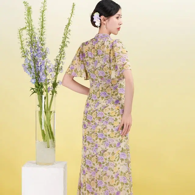 四美子 短袖鱼尾连衣裙吊带连衣裙裙装套装 女款 花折柔