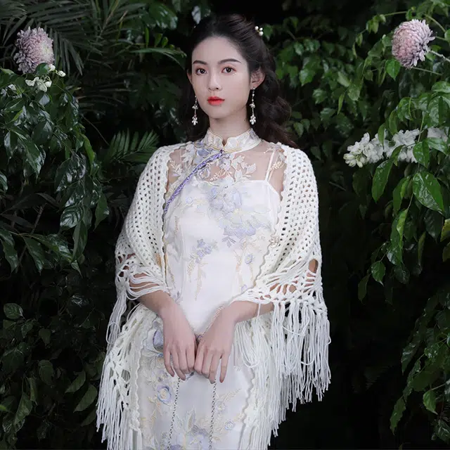 槿爷东方 重工刺绣及膝短袖低开衩短袖旗袍 女款 月光白