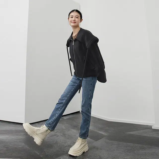 美洋 复古高腰直筒九分休闲牛仔裤 女款 蓝色