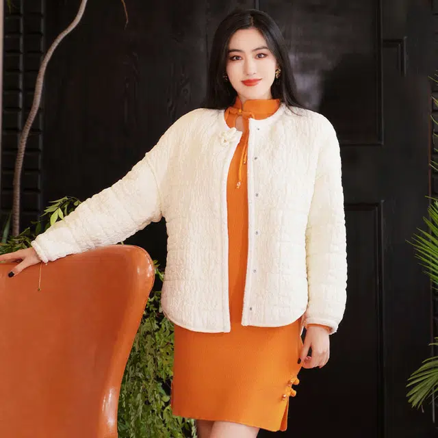 四美子 纯色圆领长袖开衫棉服 女款 若雪