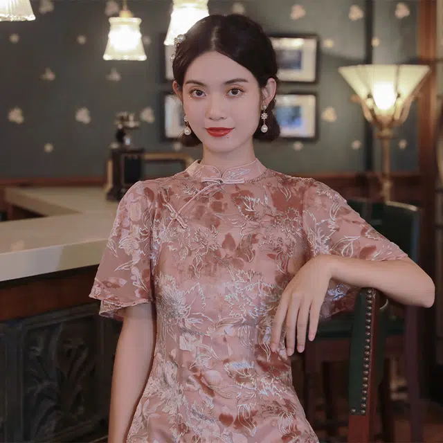 槿爷东方 粉海棠法式丝绒旗袍 女款 粉色