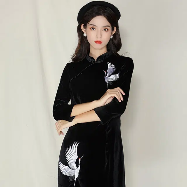 槿爷东方 动物图案羽鹤丝绒改良旗袍 女款 黑色