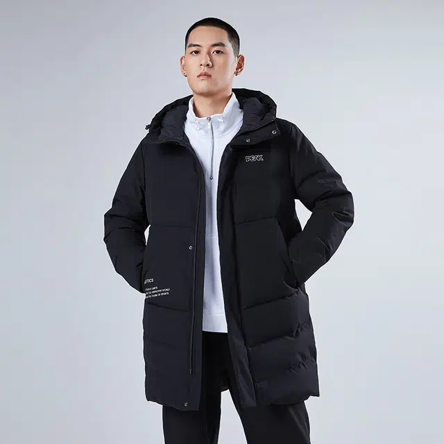 匹克 防风保暖中长连帽羽绒服 男款 黑色