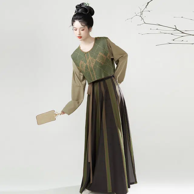 织造司 暮晚归 改良唐褙子圆领衫条纹拼接印花交窬裙原创唐制汉服 女款