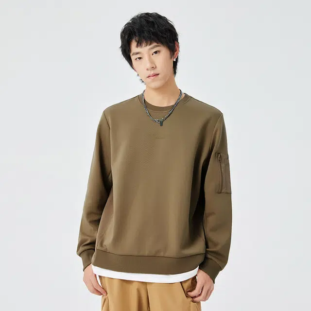 鸿星尔克 生活系列 纯色字母标识宽松休闲运动长袖卫衣 男款 亚麻棕