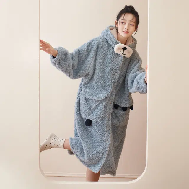 小情歌 纯色可爱卡通连帽珊瑚绒睡袍 家居服套装 女款