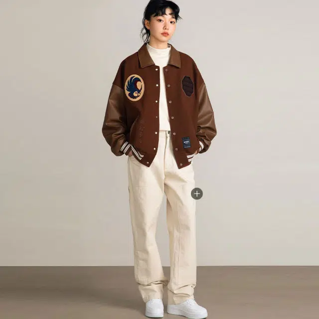 华人青年 动物印花拼色棒球服 男女同款 咖啡色