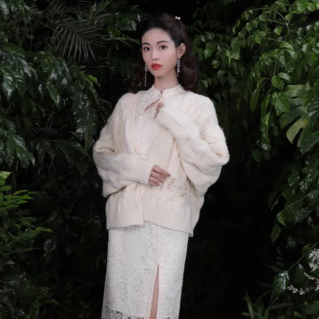 槿爷东方 麻花针织蝴蝶结开衫外套宽松毛衣 女款 杏色