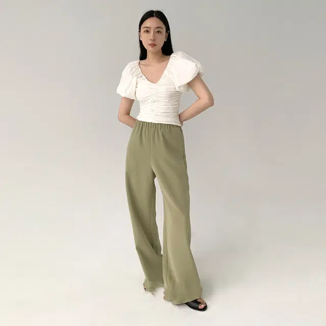 周淼 纯色轻盈拖地阔腿裤高腰垂感轻薄休闲裤 女款
