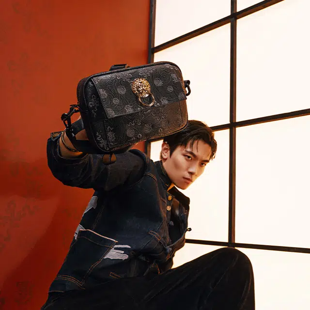 初弎 發福国风元素狮子头老花满印花生纹刺绣原创设计街头潮流休闲百搭便携通勤小方包单肩包斜挎包 男女同款情侣款 黑色