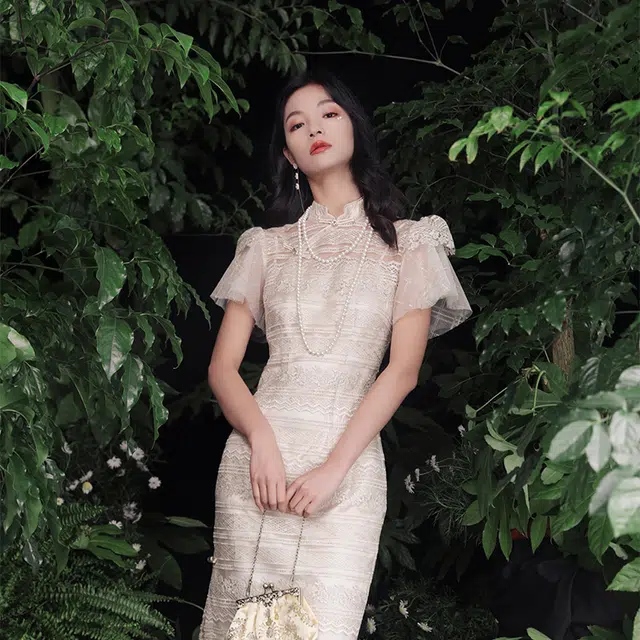 槿爷东方 卿如法式宽纹刺绣旗袍 女款 香槟色